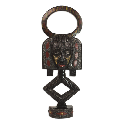 African Sese Wood and Aluminum Mask on Stand from Ghana