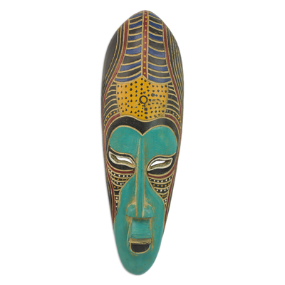 Hand Carved Rubberwood Blue Akoni Warrior Mask from Ghana