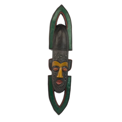 Hand Carved African Sese Wood and Aluminum Mask from Ghana