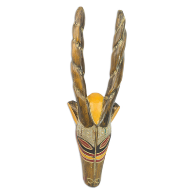 Hand Carved Rubberwood Horned Antelope Mask from Ghana