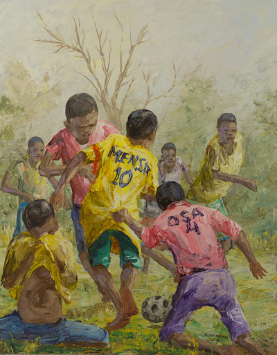 Ghanaian Original Painting of Children Playing Soccer