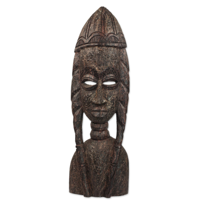 Sese Wood Hand Carved Female Bust Sculpture from Ghana