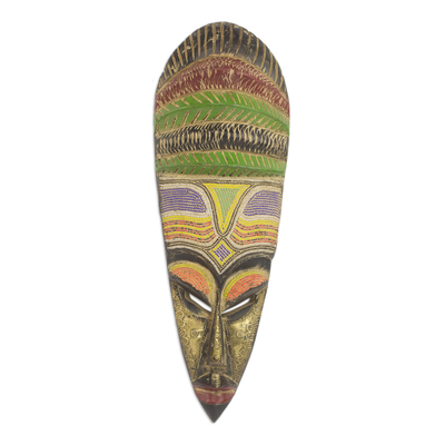 African Sese Wood Mask with Intricate Multicolor Beading