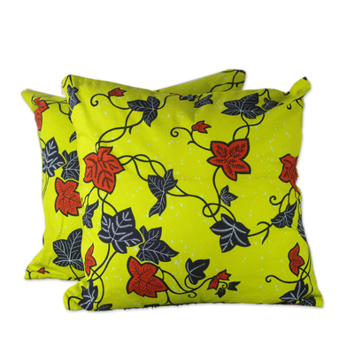 100% Cotton Yellow Leaf Print Pair of Cushion Covers