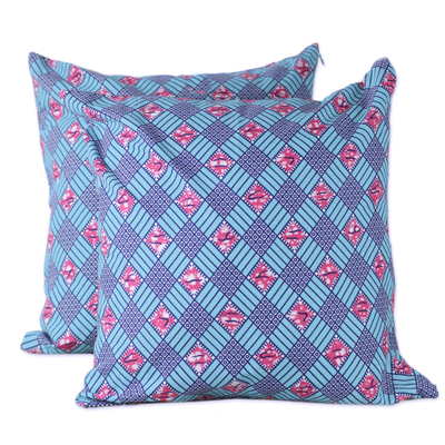100% Cotton Pink and Blue Weave Print Pair of Cushion Covers