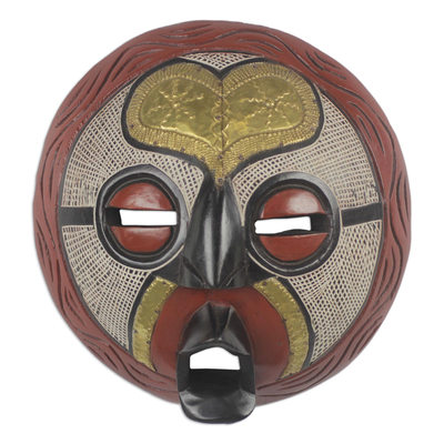 African Sese Wood Mask with Brass Heart Design from Ghana