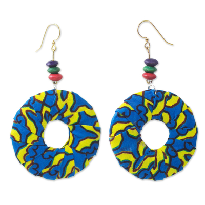 Blue and Yellow Cotton Hoop Dangle Earrings from West Africa