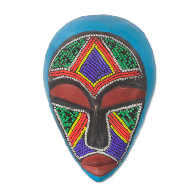 Colorful Beaded African Wood Mask from Ghana