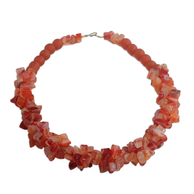 Handmade Coral Red Agate and Recycled Glass Beaded Necklace