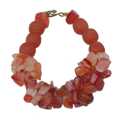 Handmade Coral Red Agate and Recycled Glass Beaded Bracelet