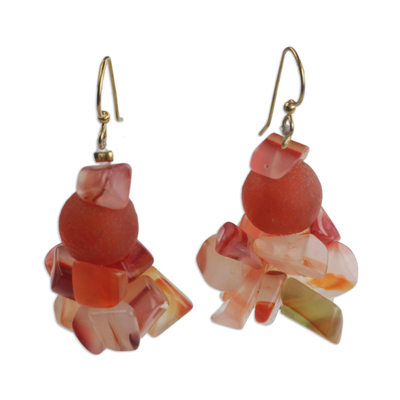 Handmade Coral Red Agate and Recycled Glass Cluster Earrings