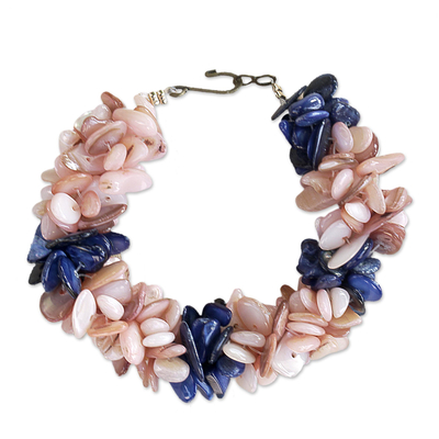 Peach and Blue Agate Chip Beaded Bracelet with Hook Clasp