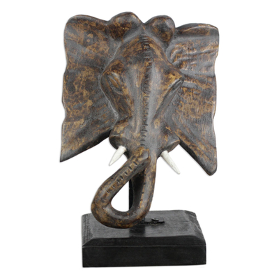 Hand Carved Elephant Head Sculpture on Wood Stand