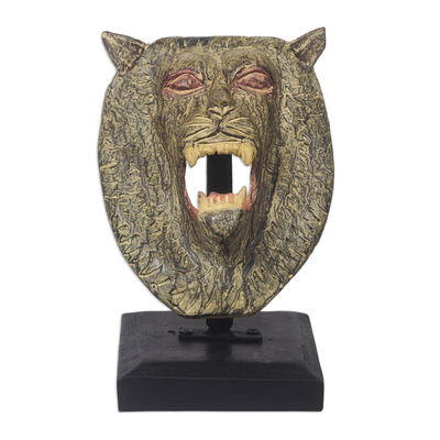 Artisan Crafted Lion Head Sculpture on Wooden Stand
