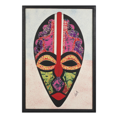 African Mask Oil on Cotton Batik Collage from Ghana