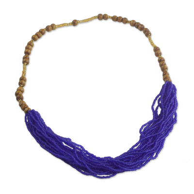 Recycled Glass Beaded Necklace in Blue-Violet from Ghana