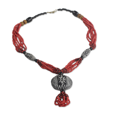 Ceramic and Glass Beaded Pendant Necklace in Red from Ghana