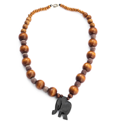 Glass Beaded Ebony Wood Elephant Pendant Necklace