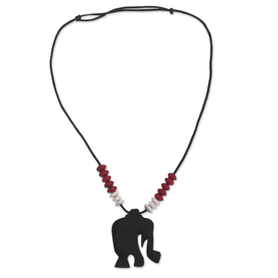 Hand-Carved Ebony Wood Elephant Beaded Pendant Necklace from Ghana