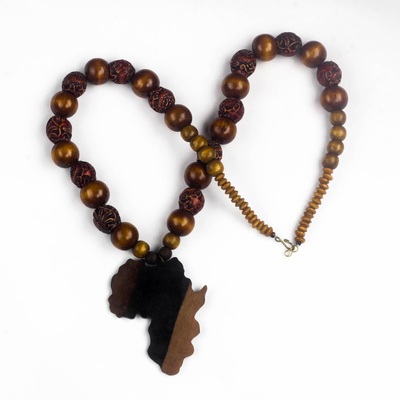 Africa-Themed Ebony Wood and Recycled Glass Pendant Necklace