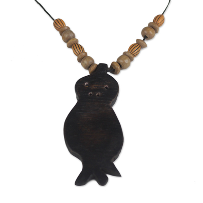 Handmade Wood Beaded Pendant Owl Necklace from Ghana