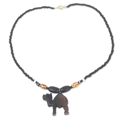 Ebony Wood and Recycled Glass Camel Necklace from Ghana