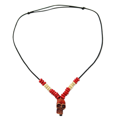 Sese Wood Skull Beaded Pendant Necklace from Ghana