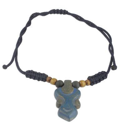 Blue Wood Pendant Necklace on Adjustable Cord