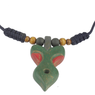 Green and Red Wood Pendant Necklace on Adjustable Cord