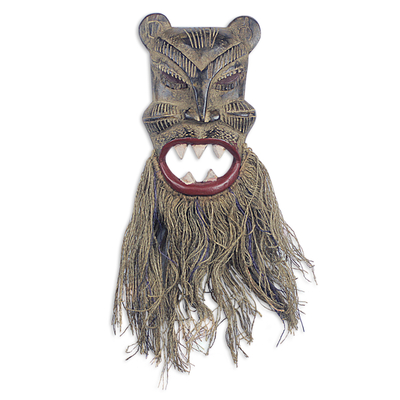 Sese Wood African Tiger Mask with Jute Beard