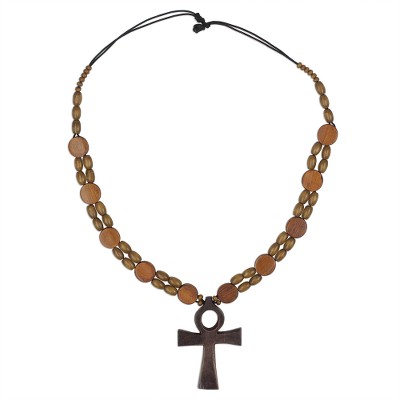 Adjustable Sese Wood Beaded Ankh Pendant Necklace