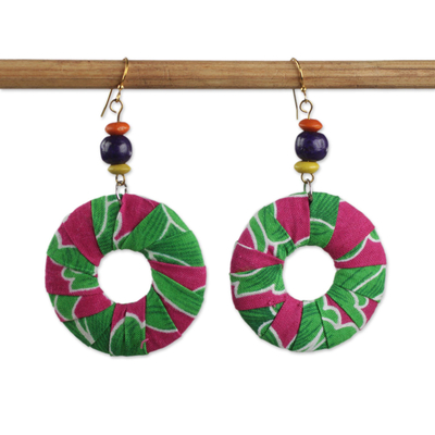 Multi-Colored Cotton Print Circle Beaded Dangle Earrings