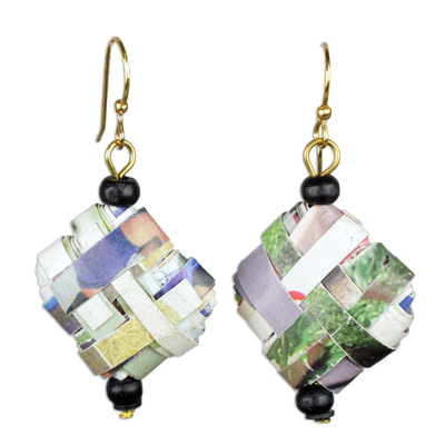 Colorful Recycled Paper and Wood Dangle Earrings from Ghana