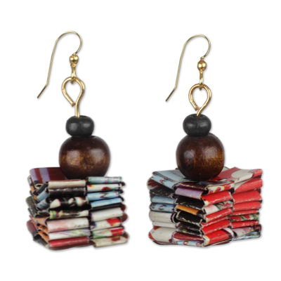 Handcrafted Recycled Paper and Wood Dangle Earrings