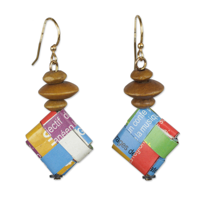 Multicolored Recycled Paper and Wood Earrings from Ghana