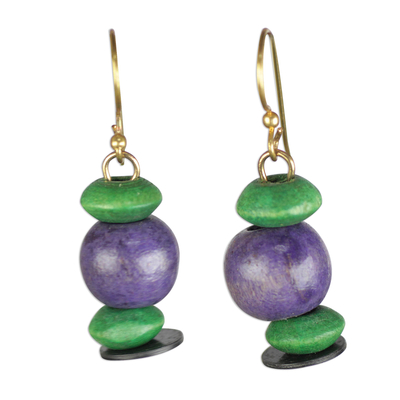 Purple and Green Sese Wood Beaded Dangle Earrings