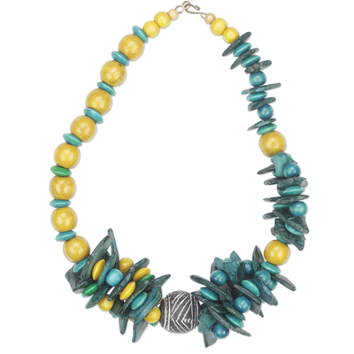 Yellow and Teal Coconut Shell and Wood Beaded Necklace