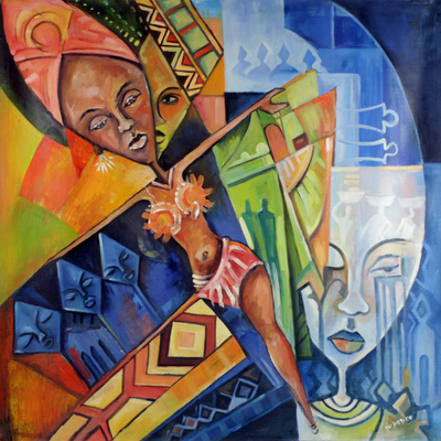 Signed Cubist Painting of a Fertility Doll from Ghana