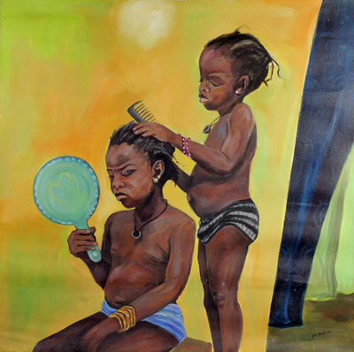 Signed Realist Painting of Two Children from Ghana