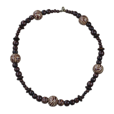 Zebra Motif Sese Wood Beaded Necklace from Ghana