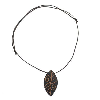 Long Sese Wood Leaf Pendant Necklace Hand Crafted in Ghana