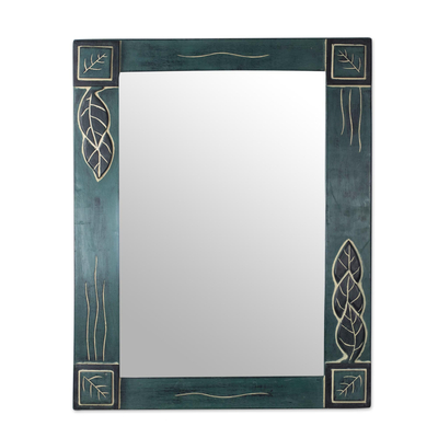 Hand Carved Cedar Wood Leaves Rectangle Glass Mirror