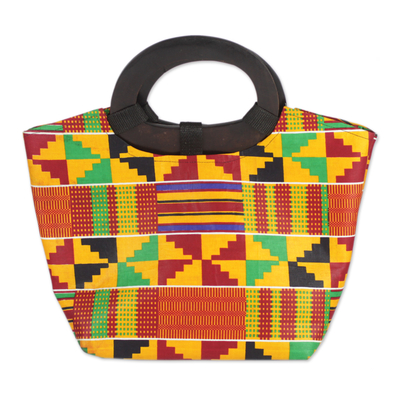 Multi-Colored Kente Cloth Handbag with Ebony Wood Handle