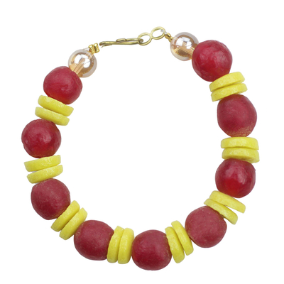 Red and Yellow Striped Recycled Glass Beaded Bracelet