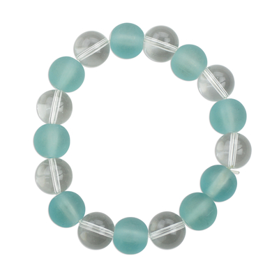 Handmade Aqua Blue and White Recycled Glass Beaded Stretch Bracelet
