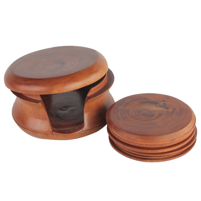 Round Mahogany Wood Coasters and Container (Set of 6)
