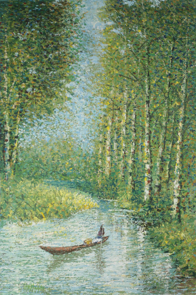 Impressionist Painting of a Canoe in the Forest from Ghana