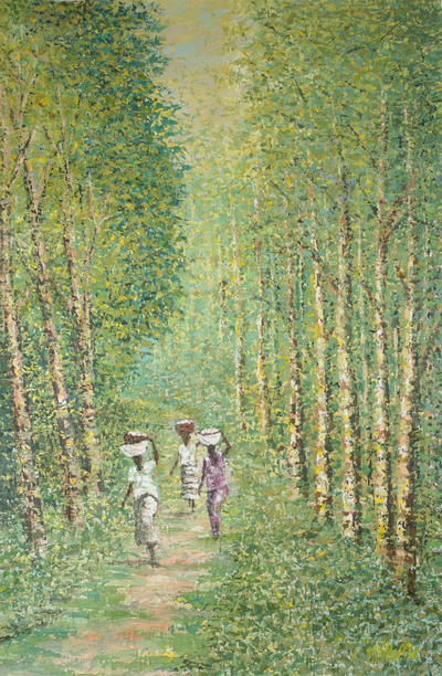 Impressionist Painting of People Walking a Forest Path