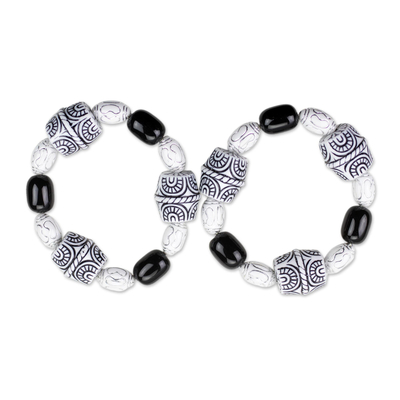 Black and White Recycled Beaded Stretch Bracelets (Pair)