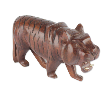 Hand-Carved Roaring Striped Tiger Sese Wood Sculpture